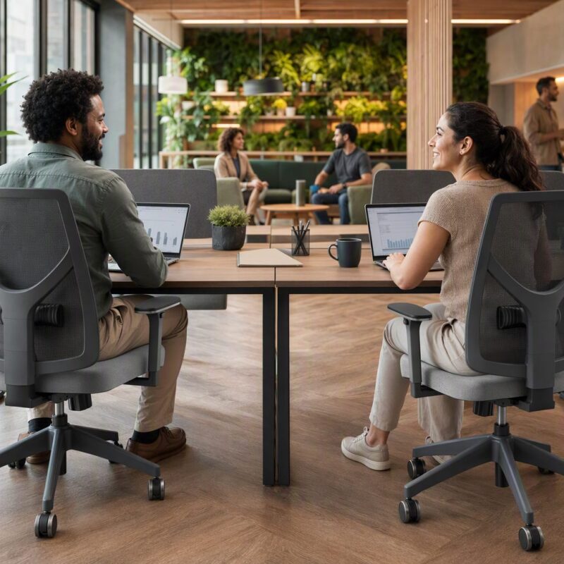 equipe trabalhando em ambiente corporativo confortável