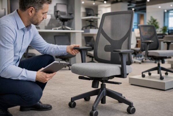 profissional de facilities especificando mobiliário corporativo