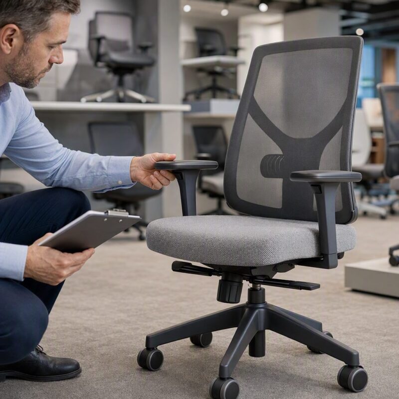 profissional de facilities especificando mobiliário corporativo