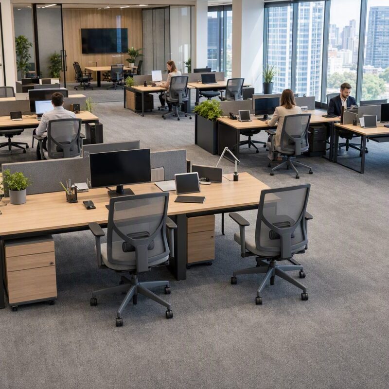 planta de layout com estações de trabalho dimensionadas