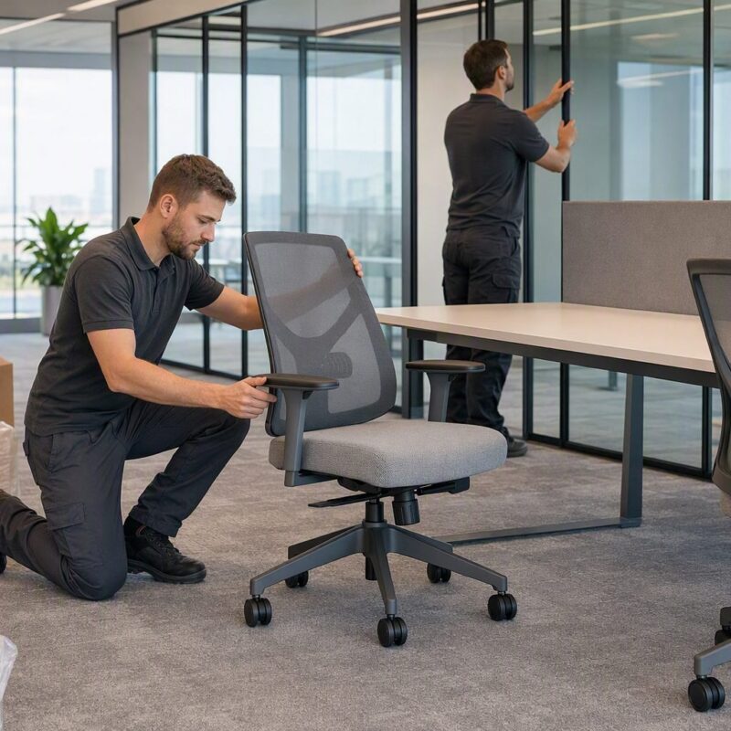 equipe instalando mobiliário em projeto corporativo