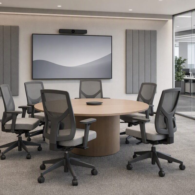 sala de reunião corporativa preparada para videoconferência