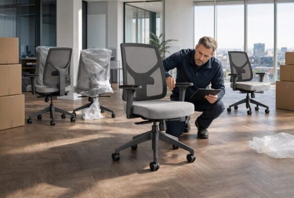 Entrega de mobiliário corporativo sendo conferida em escritório