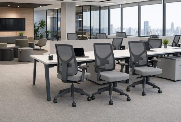 Escritório corporativo com estações de trabalho ergonômicas e área de apoio ao fundo