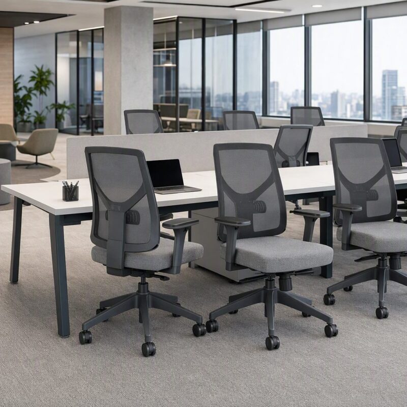 riscos psicossociais no pgr em Riscos psicossociais no PGR: o que mudou na NR-1 e o que revisar no escritório Escritório corporativo com estações de trabalho ergonômicas e área de apoio ao fundo